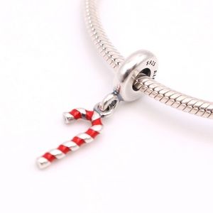 Authentic PANDORA Sterling Silver Red Enamel Candy Cane Dangle Charm